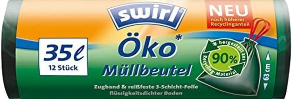 Swirl 35 Liter Öko-Müllbeutel mit Zugband R+D, (12/Rolle)