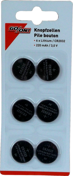 6 Stück GO/ON Knopfzellen CR2032 3,0V